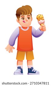 Young boy tasting delicious ice cream in a waffle cone. Vector cartoon character illustration