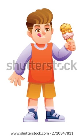 Young boy tasting delicious ice cream in a waffle cone. Vector cartoon character illustration