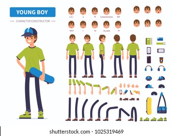 Young  Boy Or Teenager Character Constructor For Animation. Front, Side And Back View. Flat  Cartoon Style Vector Illustration Isolated On White Background.  