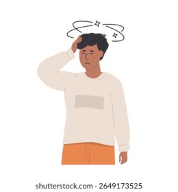Menino ou adolescente com tonturas e com a cabeça erguida, com uma expressão dolorosa. Sintomas de vertigem, desidratação, problemas de saúde pediátrica. Ilustração de vetor de estilo plano isolada em branco.
