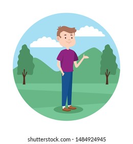 Young boy teenager in the park scenery cartoon vector illustration graphic design.