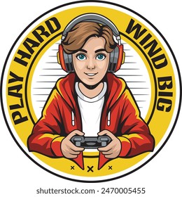 Young Boy Teenager Streamer Gamer mit Kopfhörer und Joystick Maskottchen Logo Design Vektorgrafik für Abzeichen, Emblem, eSport und T-Shirt Druck