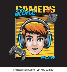 Young Boy Teenager Streamer gamer with headphone mascot logo design vector editable for badge, emblem, esport and t-shirt printing