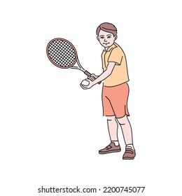 Young boy with tennis racket color line icon. Pictogram for web page, mobile app, promo.