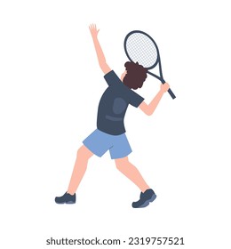 Young boy with tennis racquet looks up flat style, vector illustration isolated on white background. Decorative design element, sport and hobby, active character