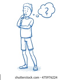 Young boy thinking about something, with question mark in a thought bubble. Hand drawn cartoon doodle vector illustration.