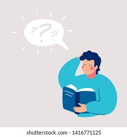 Young boy thinking about that he reading in the book and has a questions. Speech bubble above with question mark. Human character vector illustration.