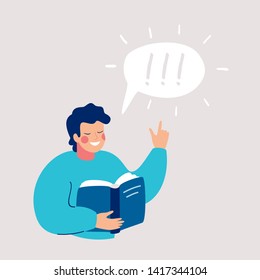 Young boy thinking about that he reading in the book and idea came to him. Speech bubble above with exclamation mark. Human character vector illustration
