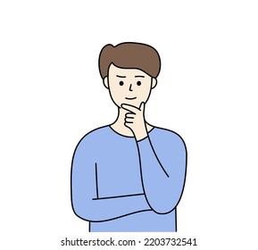 Young boy thinking with hand on chin. Problem solving, creative idea, challenge, decision making, brainstorm concept. Hand drawn cartoon character vector design illustrations.