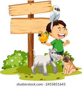 Young boy with three pets by a signpost outdoors.