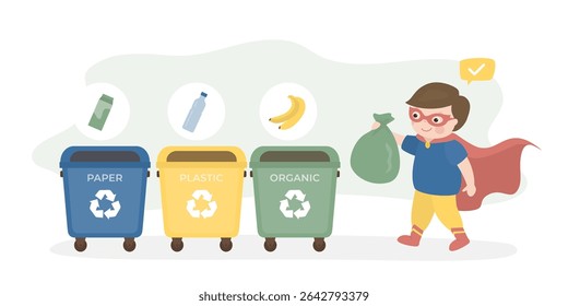 Young boy throwing garbage in recycle bins. Waste management, recycling. Trash sorting. Male character in hero costume. Eco friendly, concept. Kid throwing rubbish. flat vector illustration