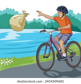 Young boy throwing garbage sack in the river