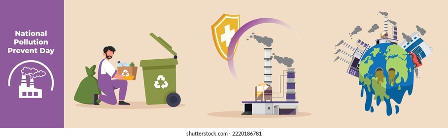 Young boy throws recyclables into the trash, Factory smoke and Factories smoke on the globe. National pollution prevent day set concept. Flat vector illustrations isolated. 