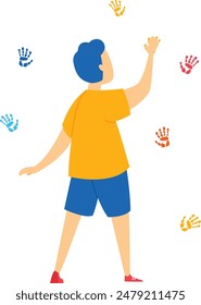 Young boy touching colorful handprints wall, educational activity. Cartoon child engaging art project, creativity expression. Happy male kid enjoying playful learning experience, isolated white