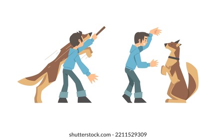 Young Boy Training His Dog Teaching Him Command Vector Illustration Set
