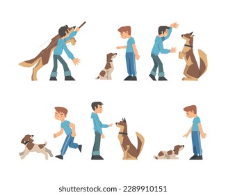 Young Boy Training His Dog Teaching Him Sitting on Command Vector Set