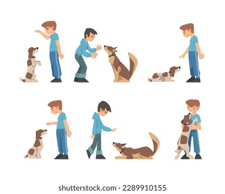 Young Boy Training His Dog Teaching Him Sitting on Command Vector Set