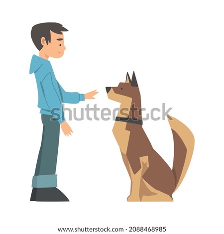 Young Boy Training His Dog Teaching Him Command Vector Illustration