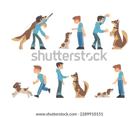 Young Boy Training His Dog Teaching Him Sitting on Command Vector Set