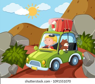 A Young Boy Travel with Dog illustration
