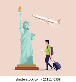 Young boy is traveling to liberty statue in New York, USA.   Vector colorful illustration.