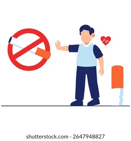 A young boy turning down a cigarette while standing near a heartbeat symbol, encouraging health and prevention