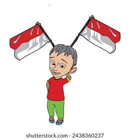 Young Boy with Two Indonesian Flags
