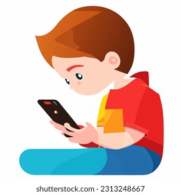 Young boy uses his phone vector illustration isolated on white, phone or internet addiction concept, serious thinking teen boy with smartphone.
