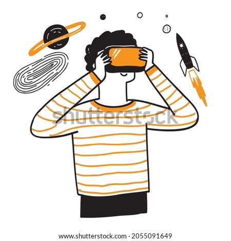 Young boy using 3D Glasses experience virtual reality in a simple, fun like traveling in space