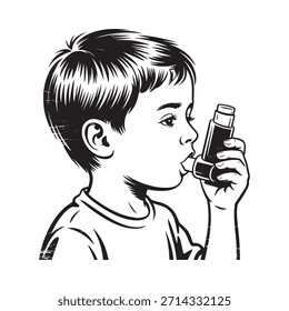 Un niño usando un inhalador para el alivio respiratorio representado en un estilo vintage