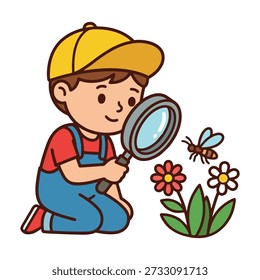 Young boy using a magnifying glass to observe bees and flowers in the garden