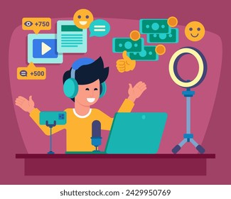 Young boy using modern devices to create content for his blog. Vector illustration. Emoticons, money on background. Getting profit from social media and blogging concept