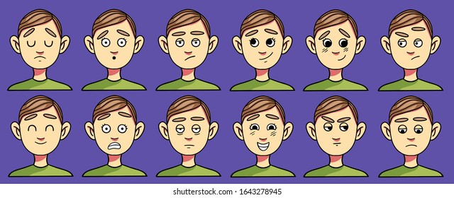 Young boy various face expressions, facial emotions. Vector illustration in cartoon style.