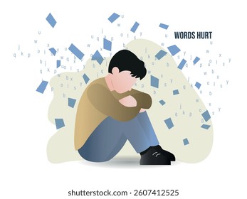 Young boy victim of cyberbullying suffering from online harassment, hiding from offensive and hurtful words and letters