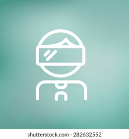 Joven con ícono de auriculares VR línea delgada para web y móvil, moderno diseño minimalista plano. Icono blanco vectorial en el fondo de malla gradiente.