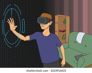 Young boy with VR headset working with virtual interface. Virtual reality concept, VR for education and games. Vector illustration.