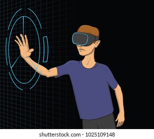 Young boy with VR headset working with virtual interface. Virtual reality concept, VR for education and games. Vector illustration, isolated on black background.