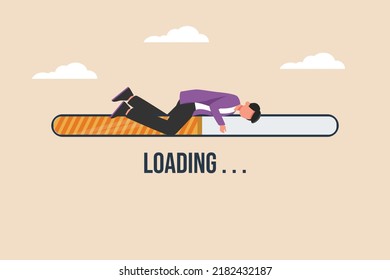 Young boy waiting on progress loading bar. Measurement and performance concept. Flat vector illustration isolated.