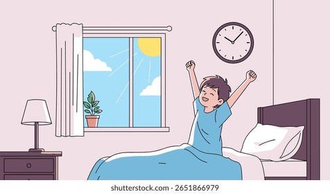 Um menino acorda feliz em seu quarto se sentindo refrescado e pronto para um novo dia