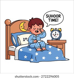 Joven despertando a las 3 AM para suhoor con una expresión de sorpresa y un reloj que muestra el