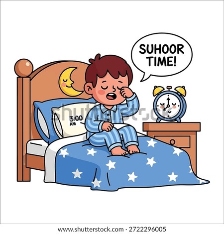 Young boy waking up at 3 AM for suhoor with a surprised expression and a clock showing the