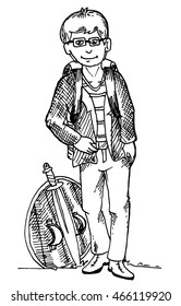 young boy walking alone with shield and sword