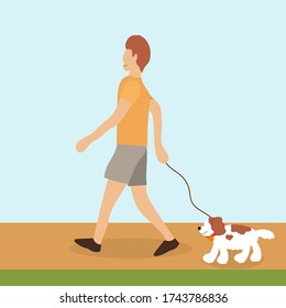 Young boy walking with cute dog on leash on blue background. Daily life or everyday scene. Social distancing concept. Flat cartoon colorful vector illustration.