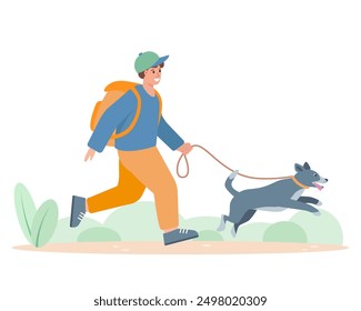 Young boy walking with dog. Child running and jumping with cute dog on leash. Happy pet and owner spend time together. Vector flat illustration isolated on white background.