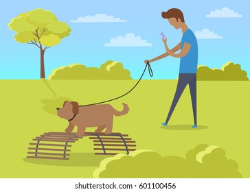 Young boy walking with dog in park and paying attention only on smartphone. Vector illustration of male person spending time in park with dog on lead on green grass and trees in good weather.