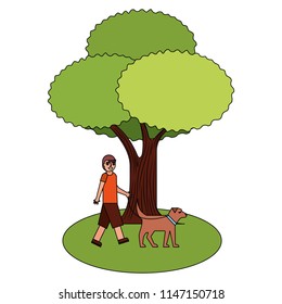 young boy walking with dog tree nature