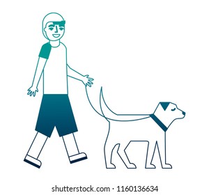 young boy walking with her dog pet