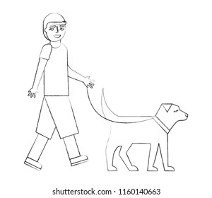 young boy walking with her dog pet