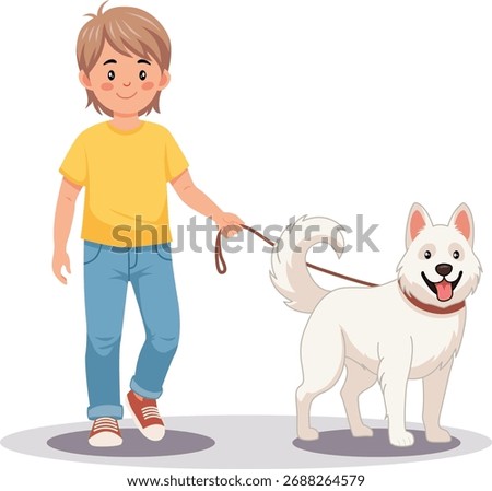 A young boy walking his white dog outdoors, happy child and pet activity vector illustration.