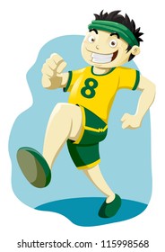 Young boy walking and jogging with smile on his face, vector illustration